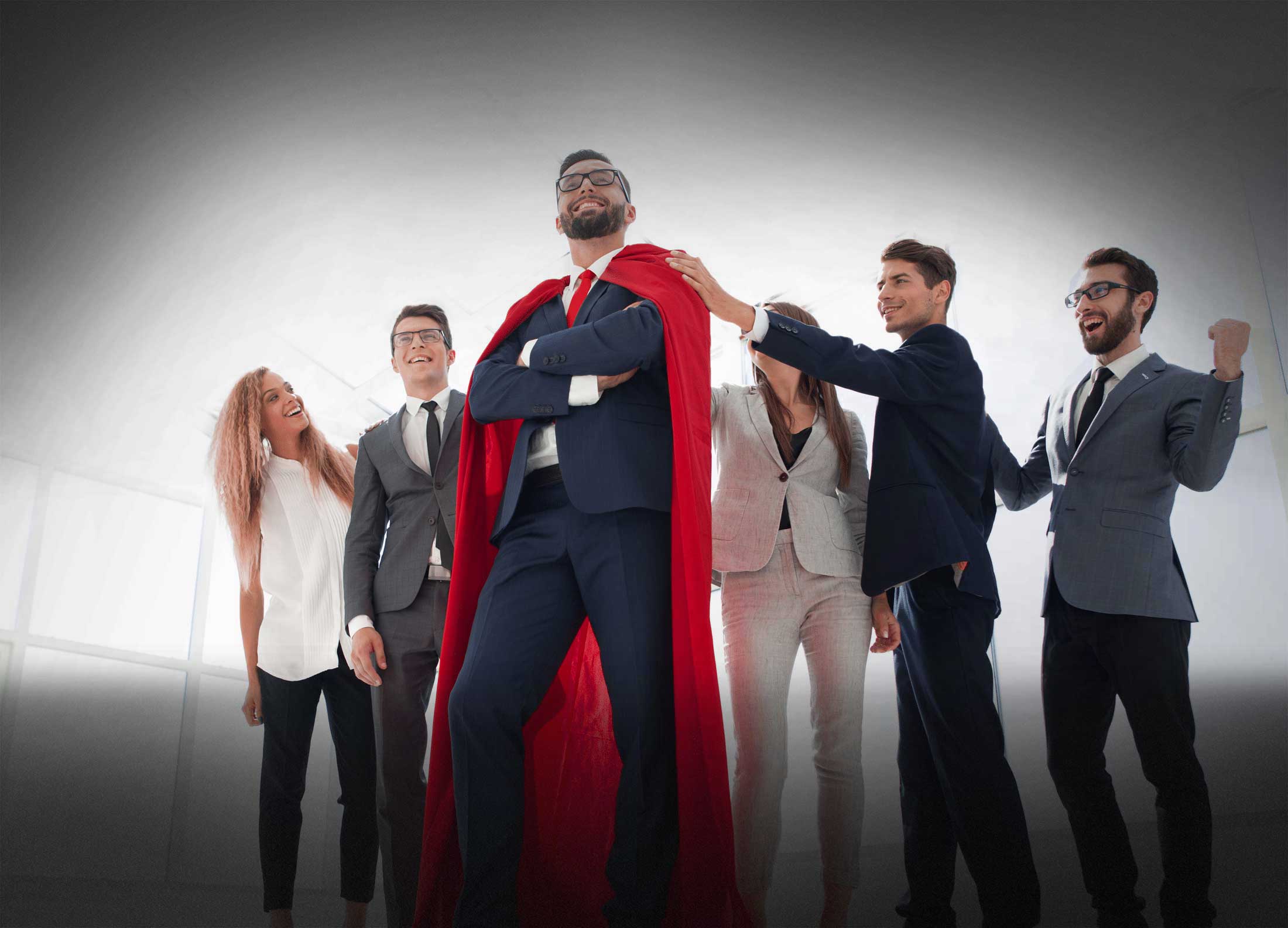 boss is a superhero and the business team is standing together Search Jobs