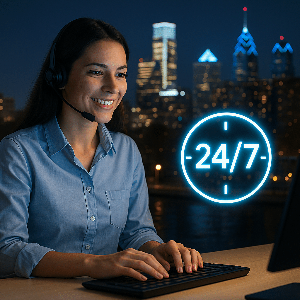 Live answering service specialist in Pennsylvania with night cityscape and 24/7 symbol
