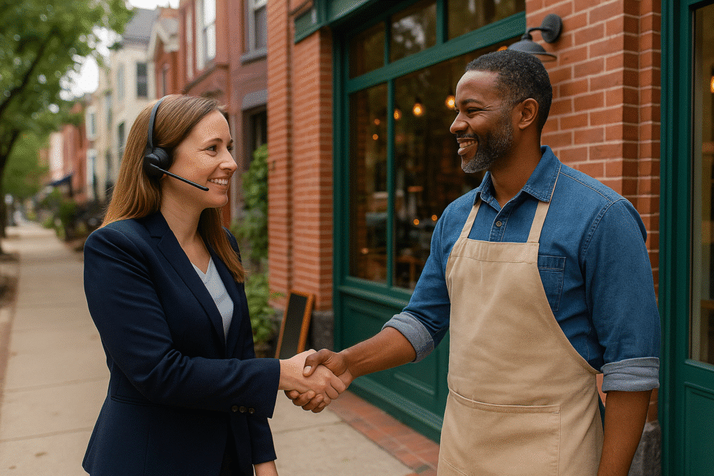 Answering Service Pennsylvania representative greeting a local café owner with a handshake.