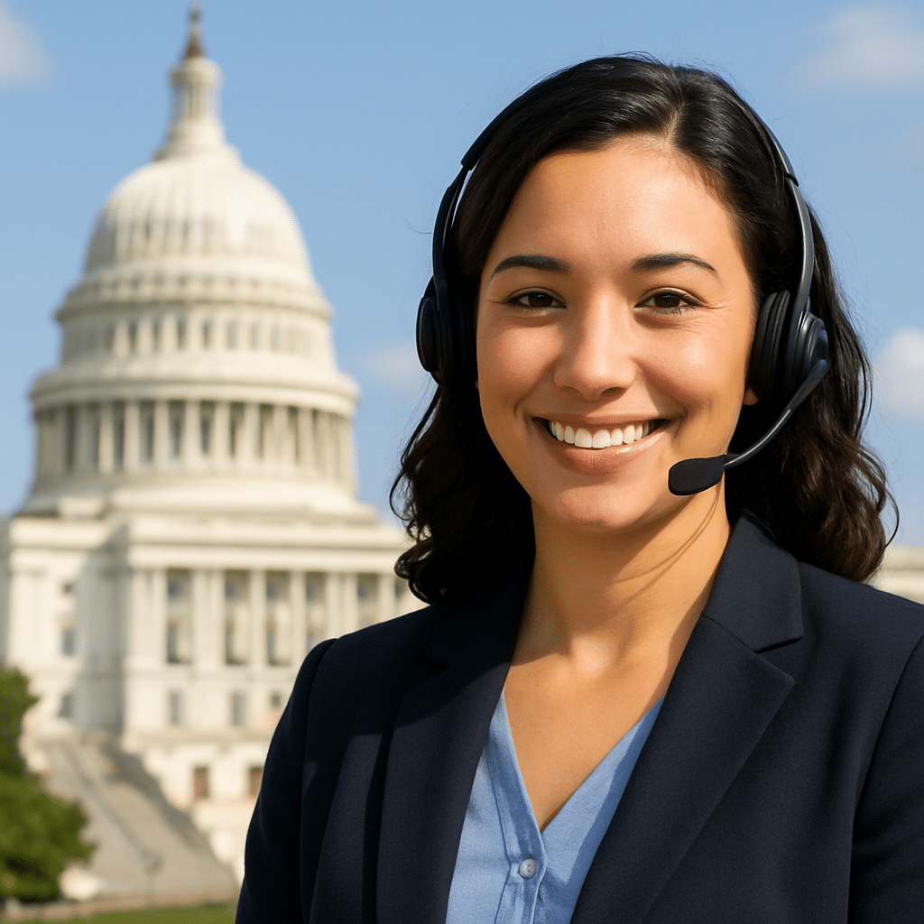 Answering Service Washington DC representative with headset smiling in front of the U.S. Capitol Building.