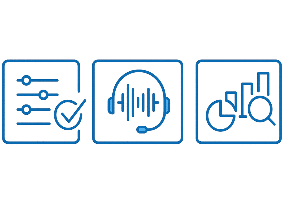 Transparent quality controls: calibration sliders, call sampling waveform with headset, and clear reporting charts.