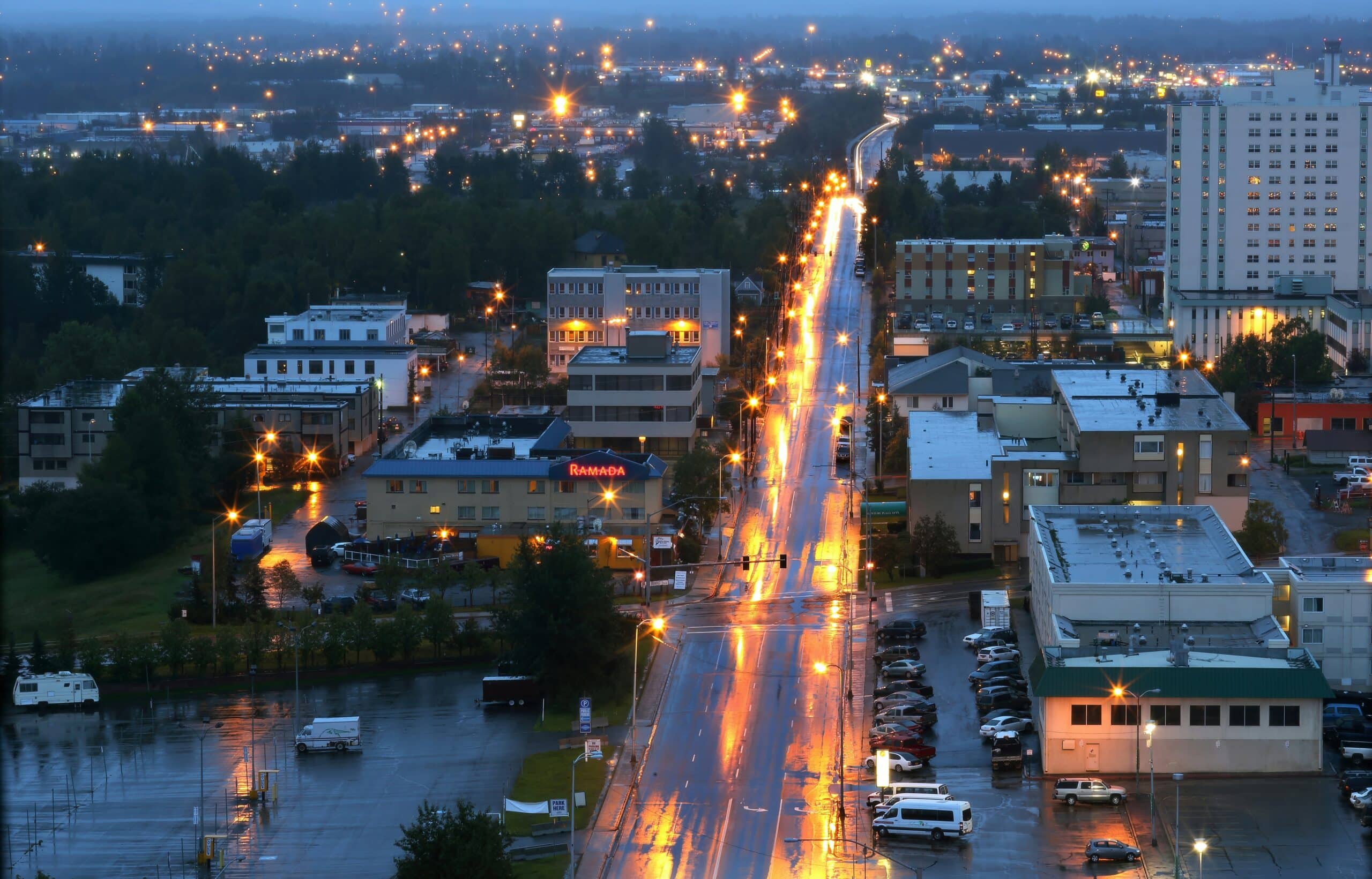 Anchorage Alaska skyline at duck under rain